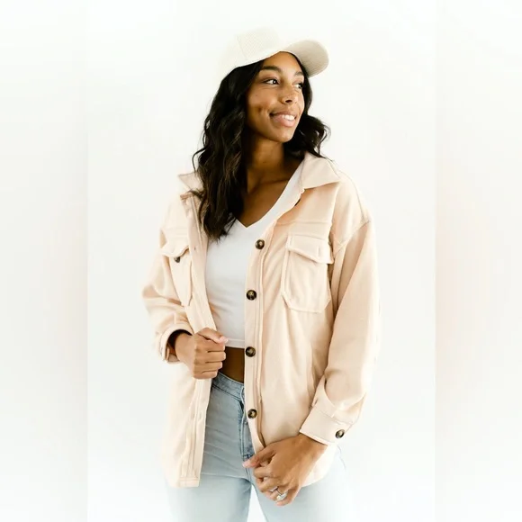 Zenana All About the Fleece Lightweight Button-Down Shacket soft peach medium - Picture 2 of 5